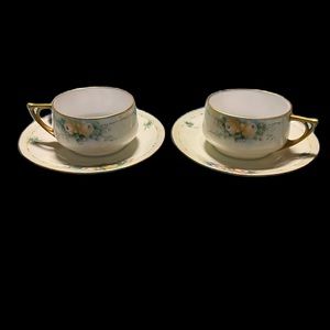 2 Antique Czecho-Slov K Teacup Saucer Gold Gilt Yellow Floral Pink Rose Manley